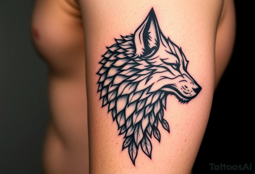 Wolf right side of the face abstract inspired direwolfs from Game of Thrones, abstract lines add leaves around it, do it detailed and majestic tattoo idea