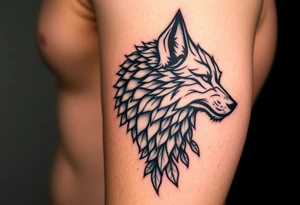 Wolf right side of the face abstract inspired direwolfs from Game of Thrones, abstract lines add leaves around it, do it detailed and majestic tattoo idea