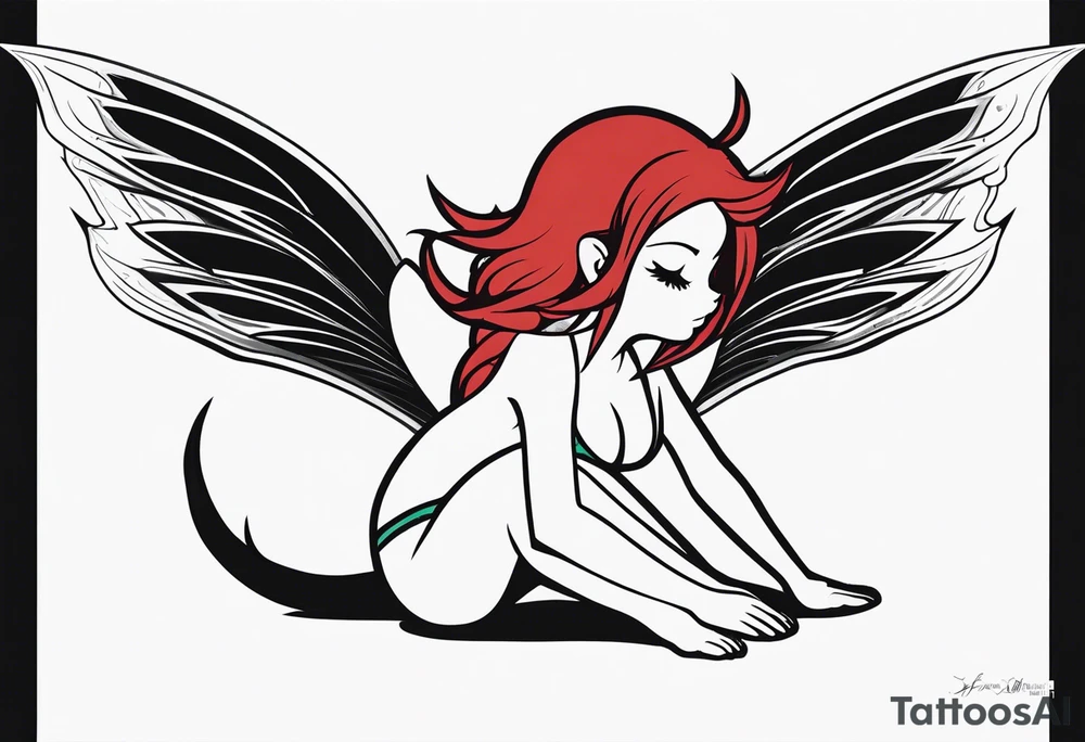 A fairy with a tail inspired by the logo of the show called Fairy Tail in a fetal position leaning in tattoo idea