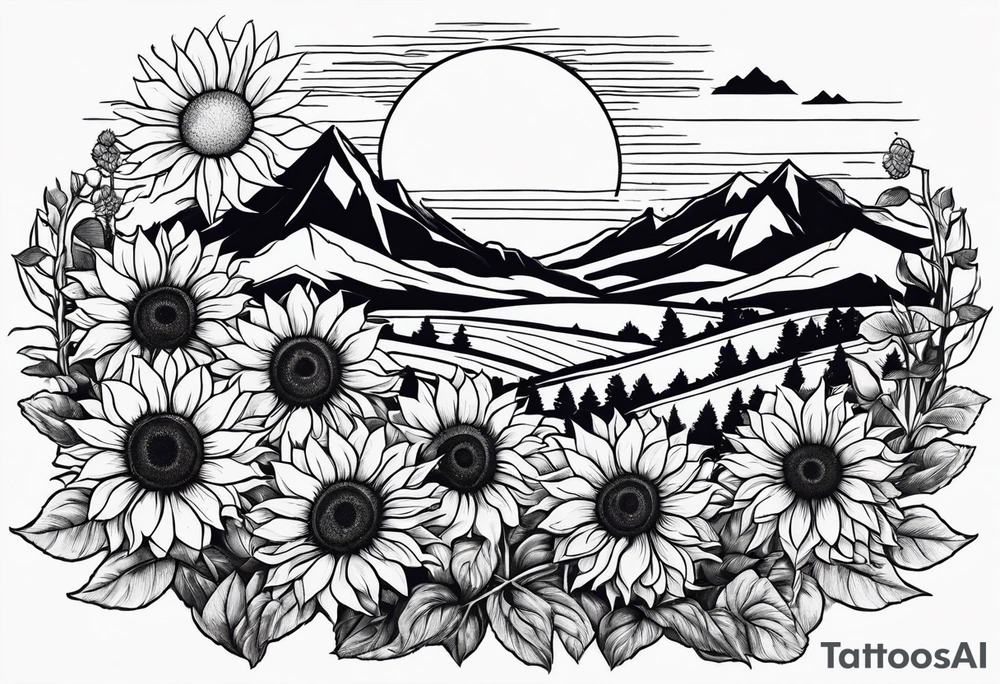 Sunflowers, wild flowers, mountains, sun tattoo idea