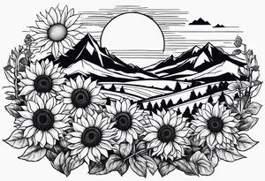 Sunflowers, wild flowers, mountains, sun tattoo idea