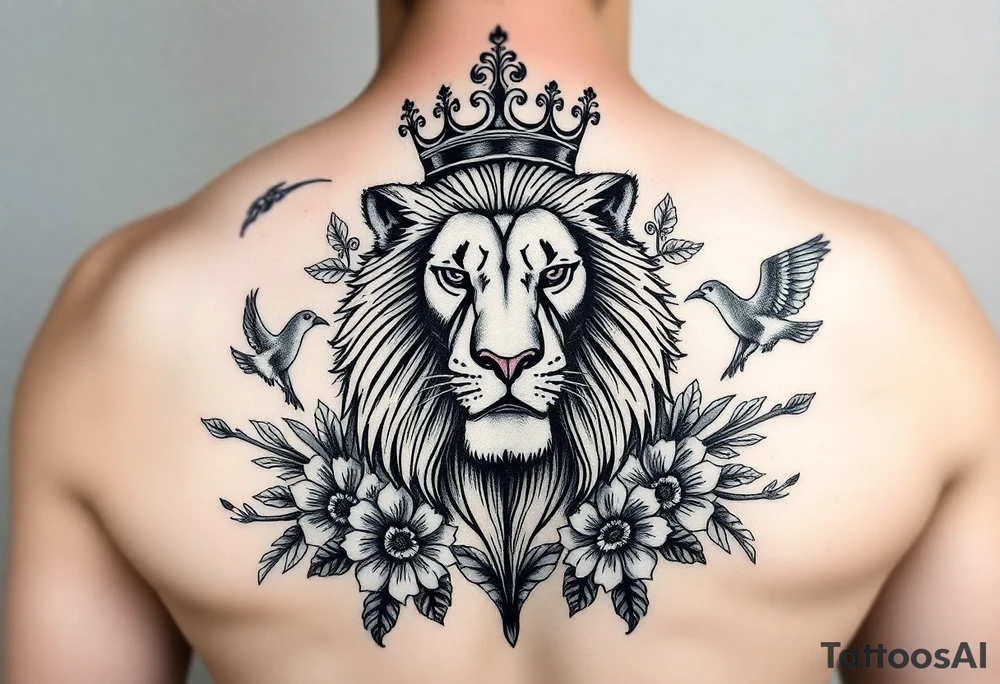 powerful majestic lion with a crown, surrounded by floral ornaments and birds tattoo idea