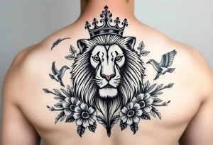 powerful majestic lion with a crown, surrounded by floral ornaments and birds tattoo idea