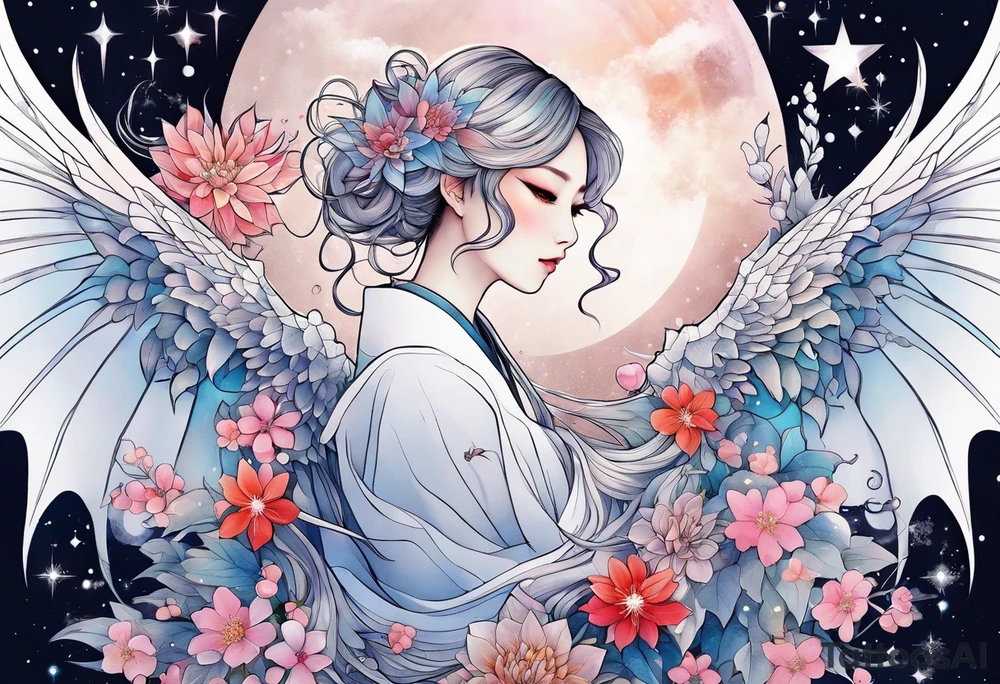 Constellation, wing , snow , cross , dragon female japan kawaii , flower tattoo idea