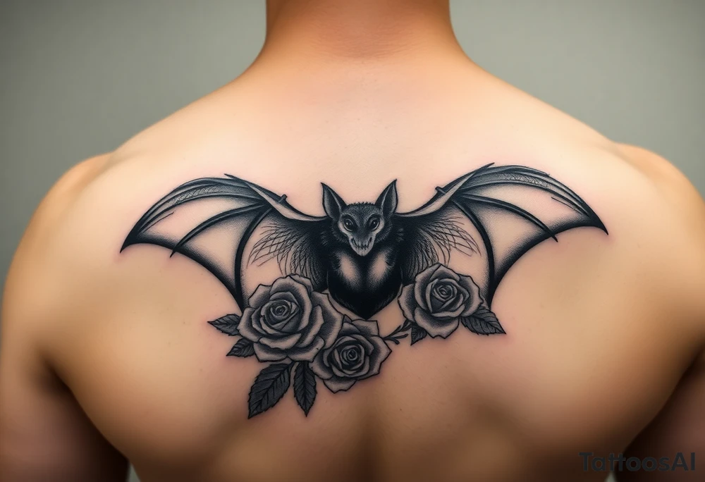 bat with / rose flowers tattoo idea