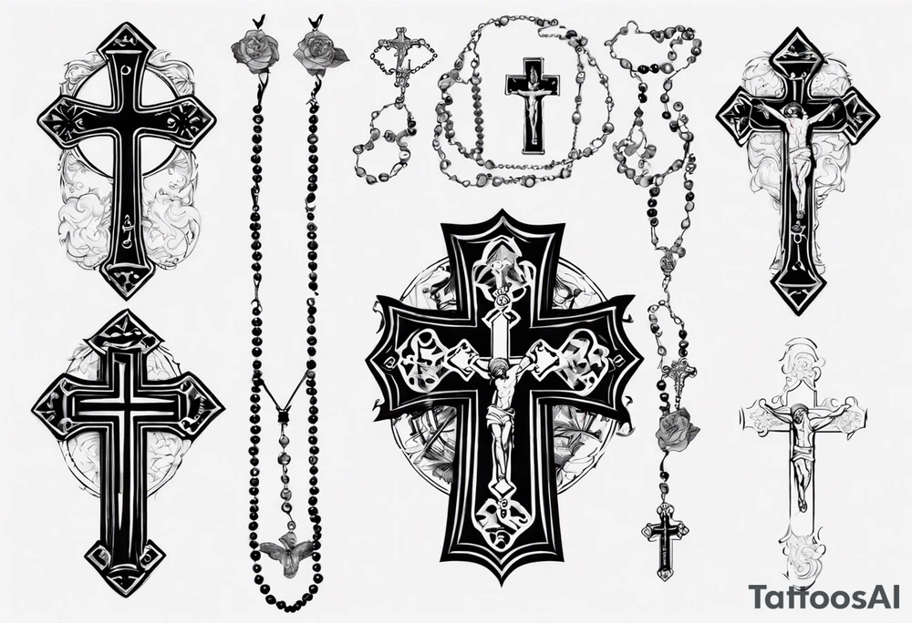 men’s arm sleeve, rosary, the name Peters, 1997, cross tattoo idea