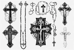 men’s arm sleeve, rosary, the name Peters, 1997, cross tattoo idea