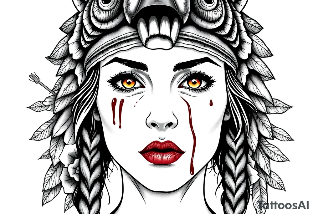 Young Symmetrical Beautiful Woman, looking forward, with colored eyes, shedding a tear, with battle scars and blood on face, with soft look, wearing a mean looking bear headdress on head, with dead flower background tattoo idea