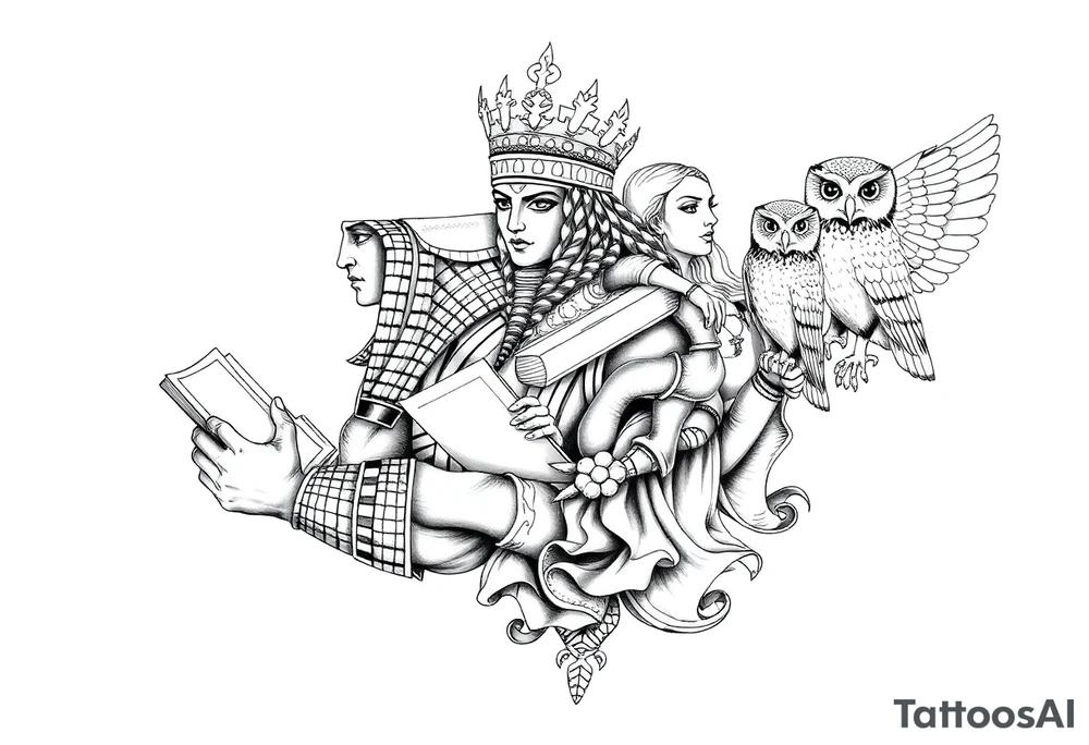The Egyptian god Toth and the Greek goddess Athena with books and owls tattoo idea