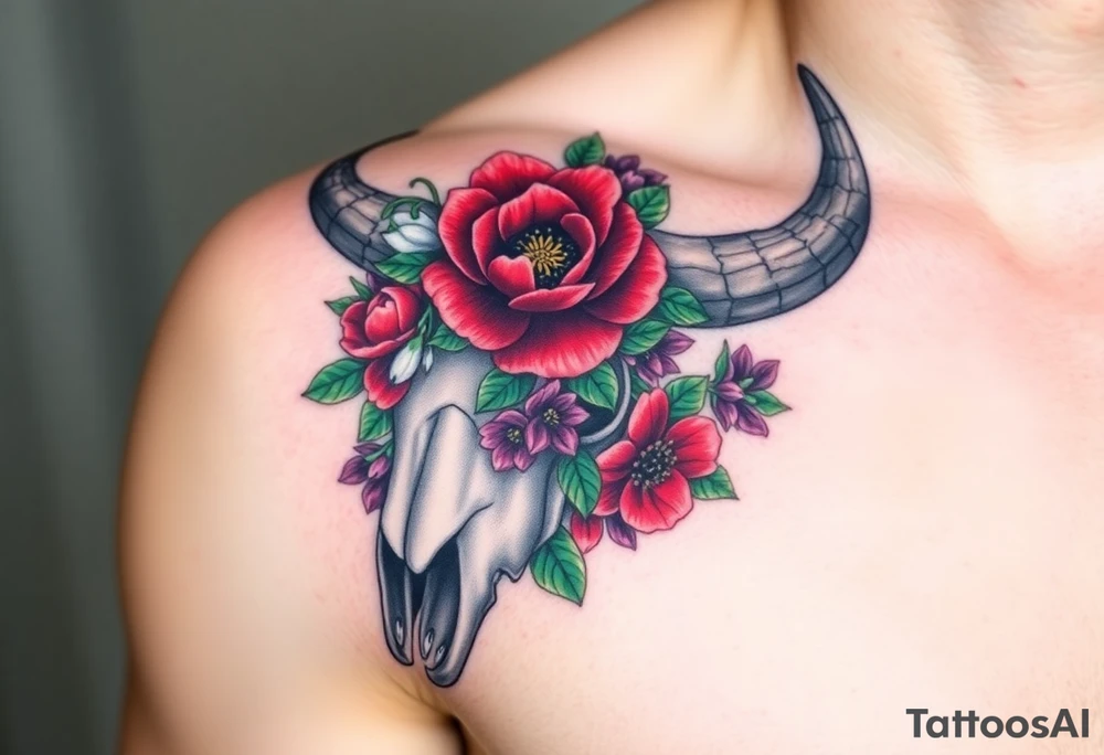 Buffalo or bison skull with flowers. Red Peony, snowdrop, green holly with red berries, purple larkspur,  red peony. Colour. For upper arm or shoulder. Masculin. tattoo idea