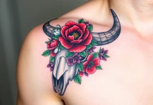 Buffalo or bison skull with flowers. Red Peony, snowdrop, green holly with red berries, purple larkspur,  red peony. Colour. For upper arm or shoulder. Masculin. tattoo idea