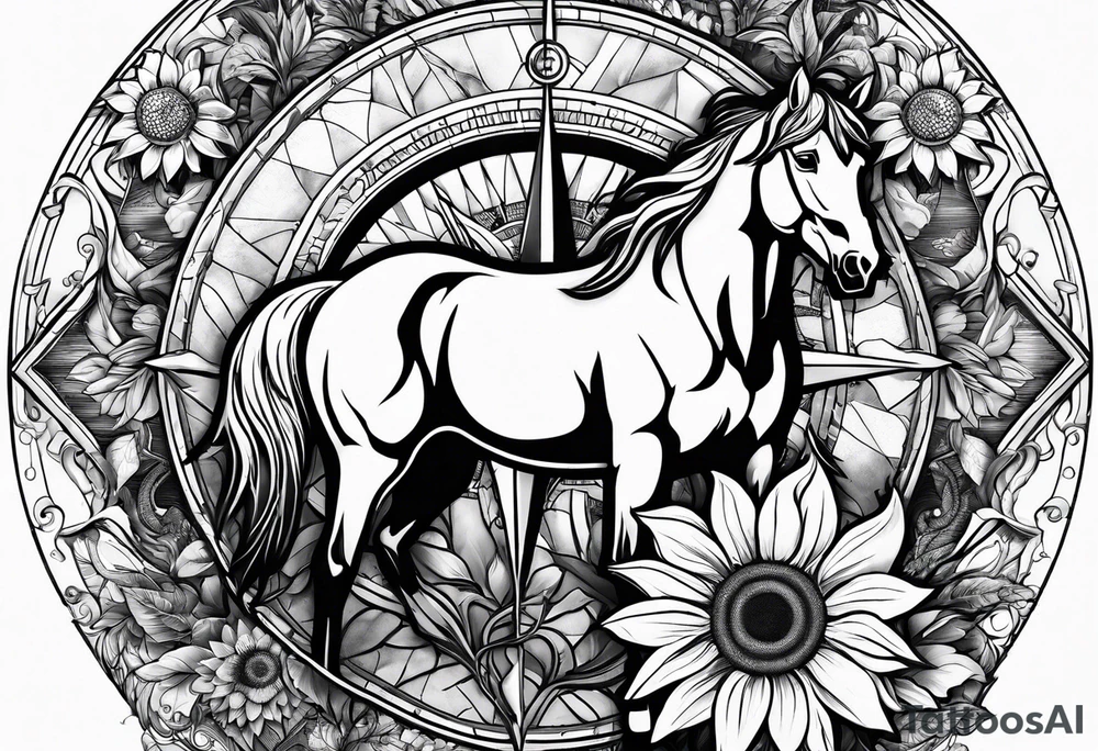 Horse, compass, sunflower tattoo idea