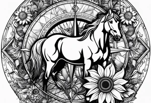 Horse, compass, sunflower tattoo idea
