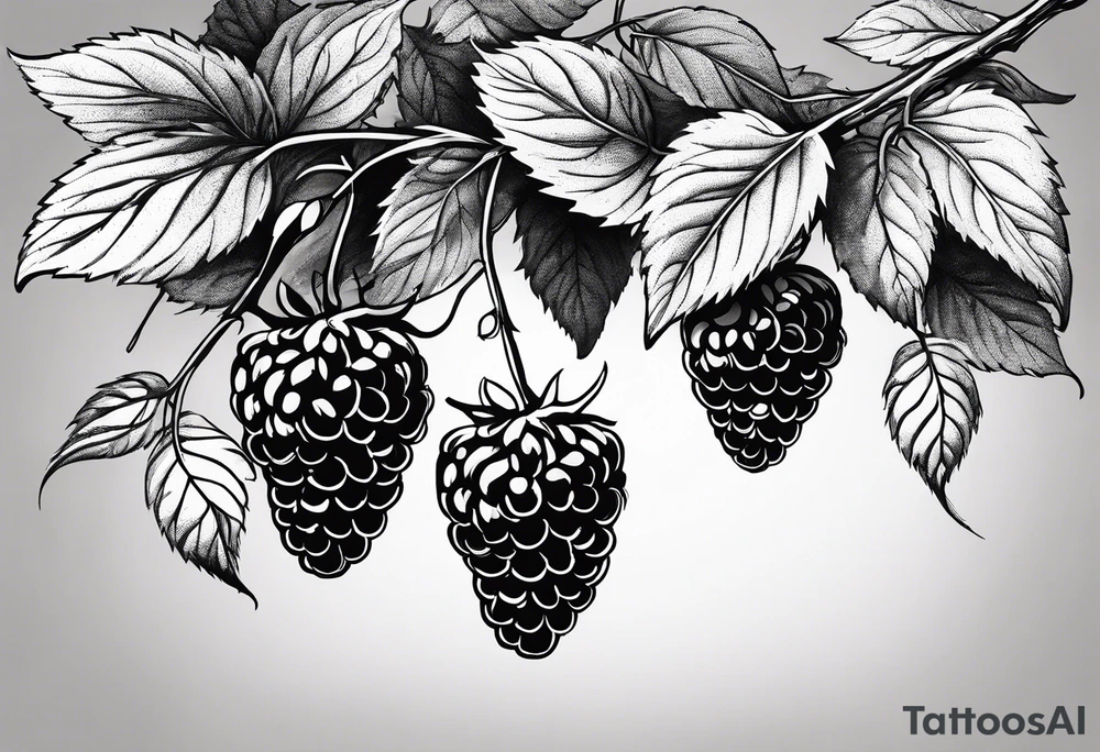 a single long raspberry branch with lots of leaves that is hanging upside down tattoo idea