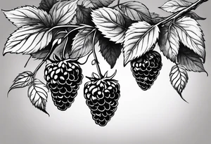 a single long raspberry branch with lots of leaves that is hanging upside down tattoo idea
