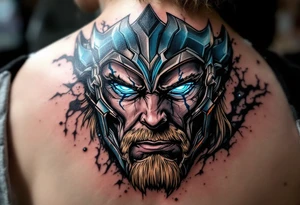 A close-up of Thor’s face from Endgame, with battle scars, glowing blue eyes, and Stormbreaker raised, in hyper-realistic shades of blue, silver, and deep red. tattoo idea