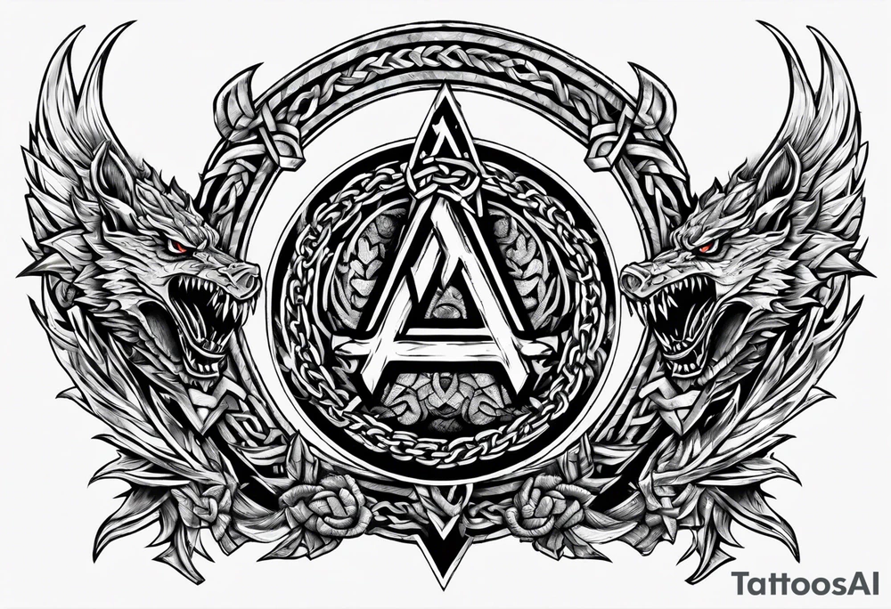 Valhalla sword shield dragon axe Valknut barbed wire chains tattoo idea