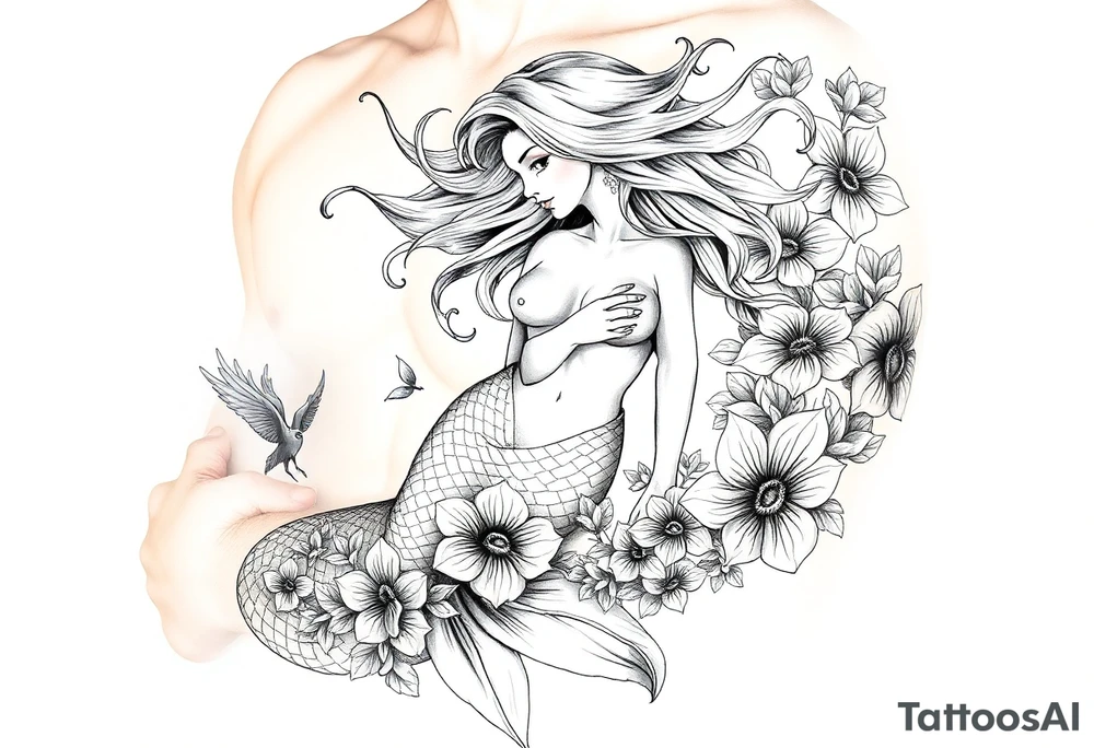 ethereal mermaid with flowing hair among coral and sea flowers tattoo idea