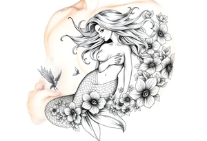 ethereal mermaid with flowing hair among coral and sea flowers tattoo idea