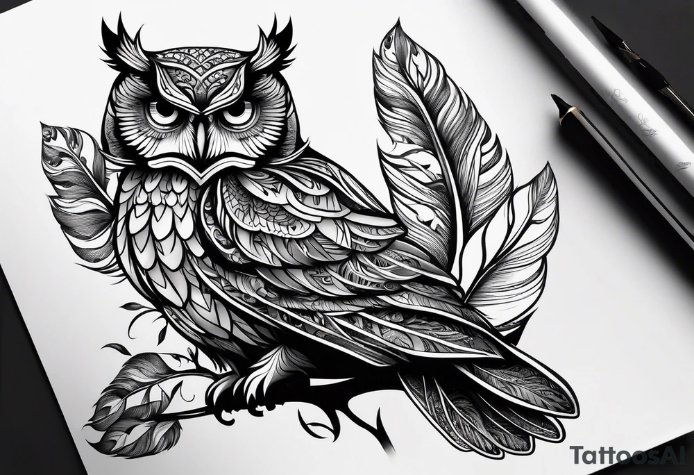 “A wise owl perched on a branch, with large, expressive eyes and intricate feather patterns, representing wisdom tattoo idea