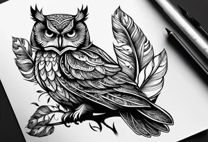 “A wise owl perched on a branch, with large, expressive eyes and intricate feather patterns, representing wisdom tattoo idea