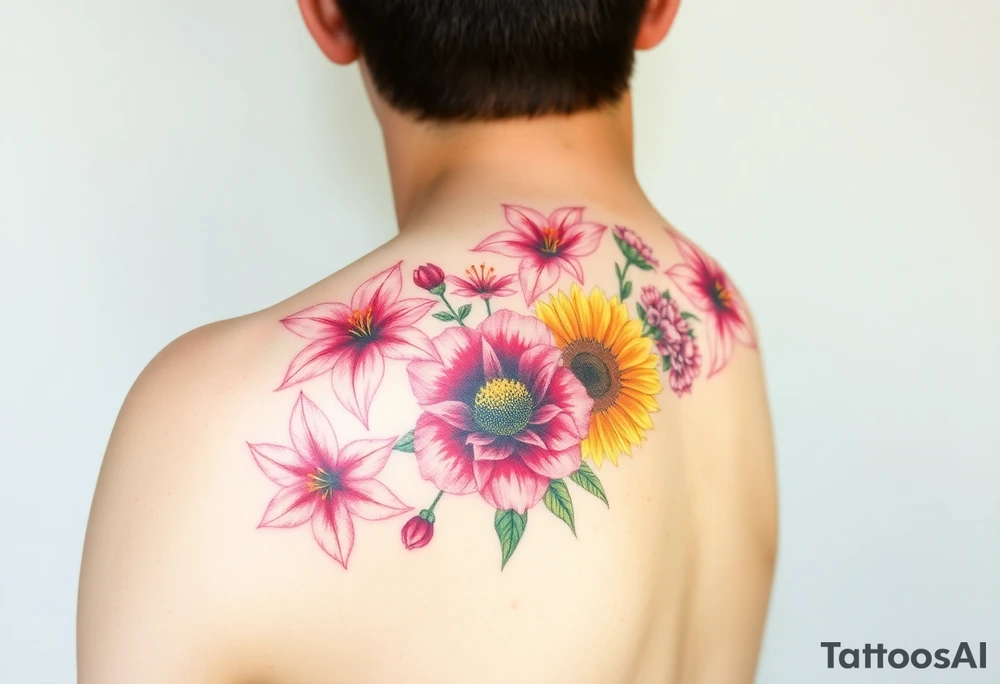 6 pink Vintage star gazer lillies some yellow some red wild roses and sunflowers and hydrangea to sleeve right arm tattoo idea