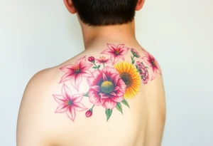 6 pink Vintage star gazer lillies some yellow some red wild roses and sunflowers and hydrangea to sleeve right arm tattoo idea