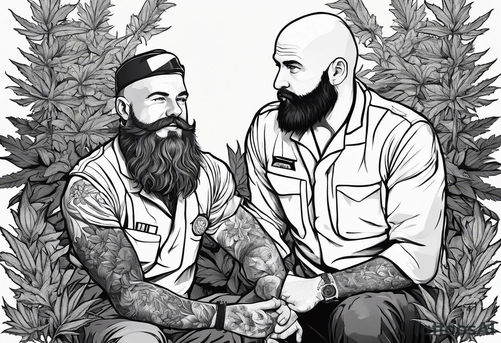 big short hair 
irish guy with beard and bald german military doctor sitting on a cannabis plant tattoo idea