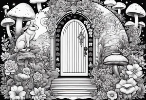 Mystical garden with door and potions and a rabbit and flowers and mushrooms tattoo idea