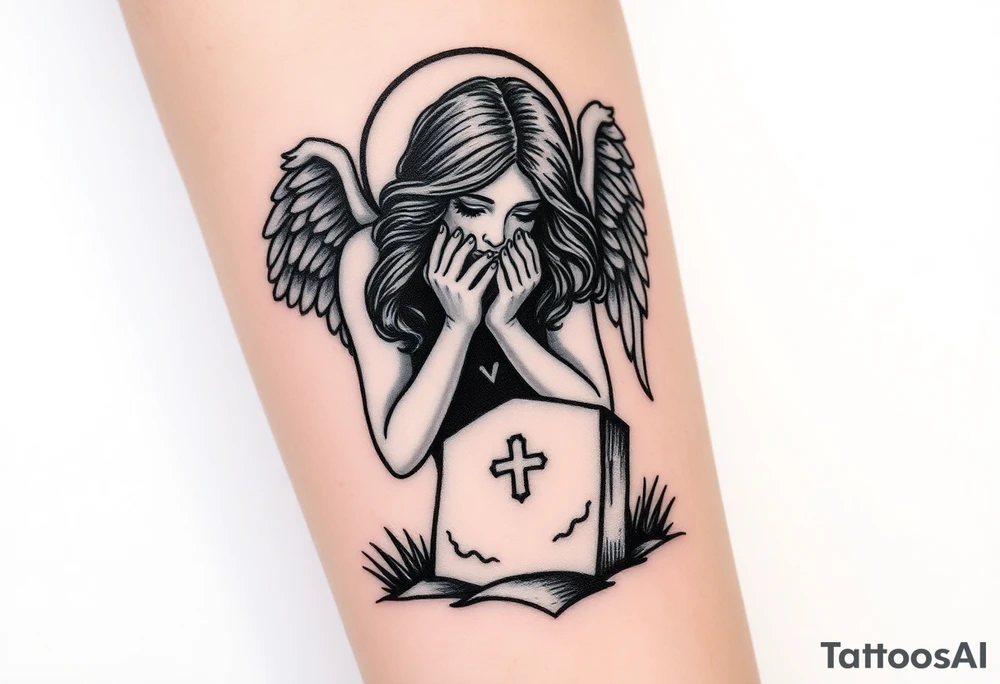 Beautiful woman angel crying over a tombstone tattoo idea