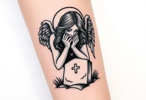 Beautiful woman angel crying over a tombstone tattoo idea