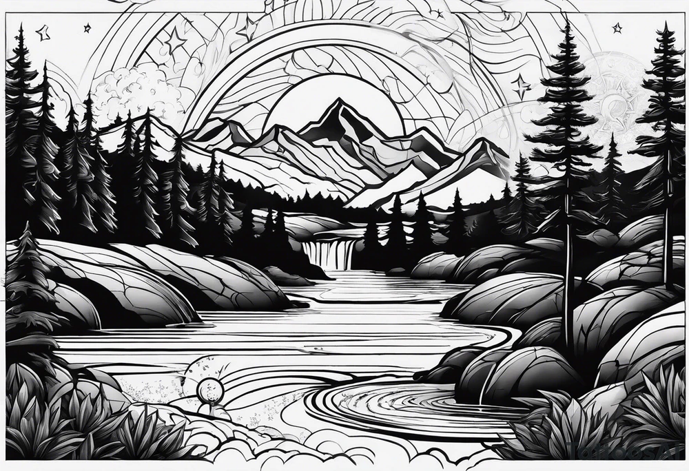 nature with mountains, waterfall, water, and a family of three in the background and and moon/sun in the sky with stars tattoo idea