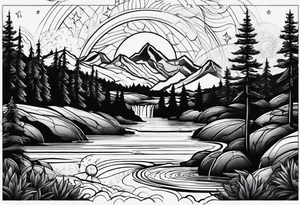 nature with mountains, waterfall, water, and a family of three in the background and and moon/sun in the sky with stars tattoo idea
