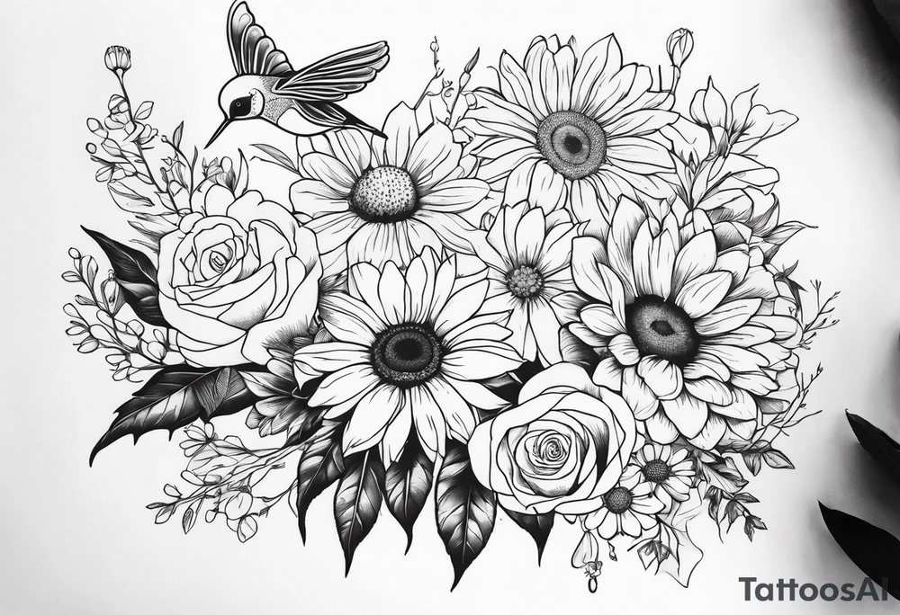 Floral sleeve tattoo with sunflower, daisies, roses, bleeding heart flowers, asters, baby’s breath, humming birds, spiders, butterflies, bees, and greenery. tattoo idea