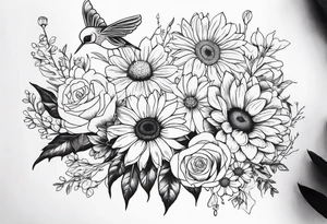 Floral sleeve tattoo with sunflower, daisies, roses, bleeding heart flowers, asters, baby’s breath, humming birds, spiders, butterflies, bees, and greenery. tattoo idea