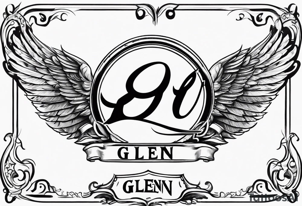 A simple tattoo with the word Glenn on a banner with angel Wings tattoo idea