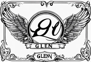 A simple tattoo with the word Glenn on a banner with angel Wings tattoo idea