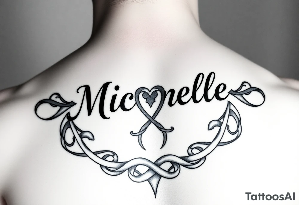 Design a tattoo for a man’s chest of a woman’s name (Michelle). There should be a claddagh and a Celtic knot entertwined. tattoo idea