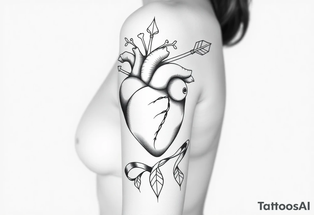 anatomical heart pierced by ornate arrow with flowing ribbons tattoo idea