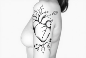 anatomical heart pierced by ornate arrow with flowing ribbons tattoo idea