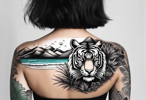 Full tattoo sleeve with minimalist tiger coming down shoulder, monstera foliage on forearm, beach landscape on bicep tattoo idea