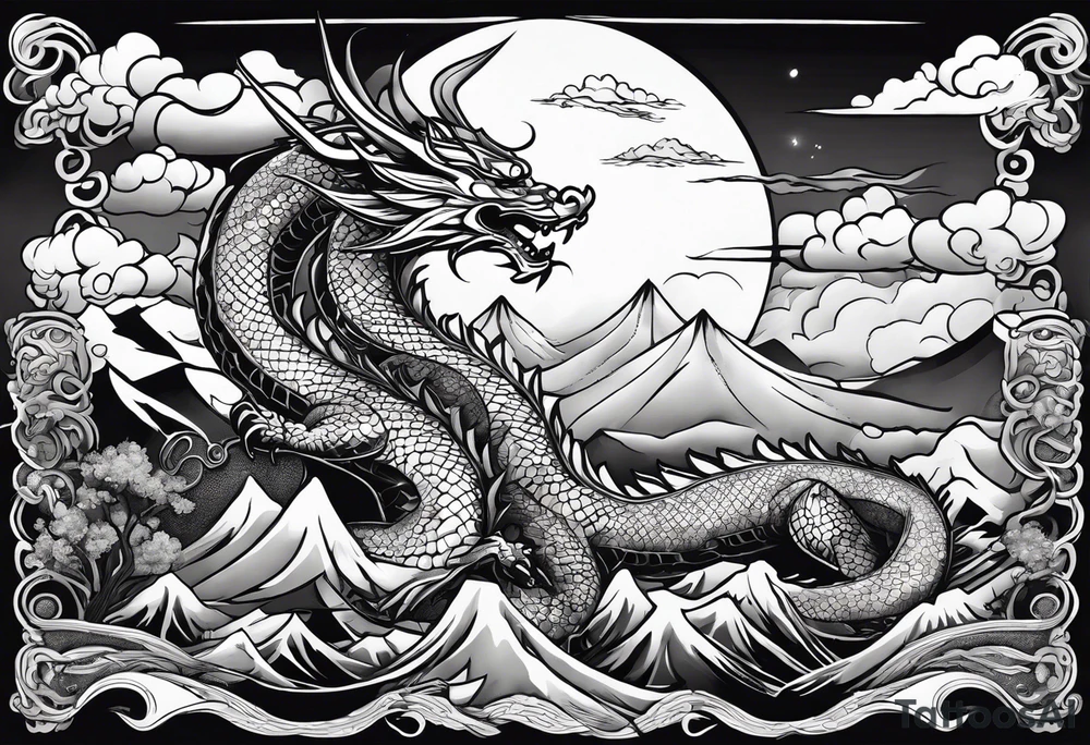 beautiful warrior nymph riding a dragon and the background will be mountains, clouds, and a Japanese building tattoo idea