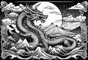 beautiful warrior nymph riding a dragon and the background will be mountains, clouds, and a Japanese building tattoo idea
