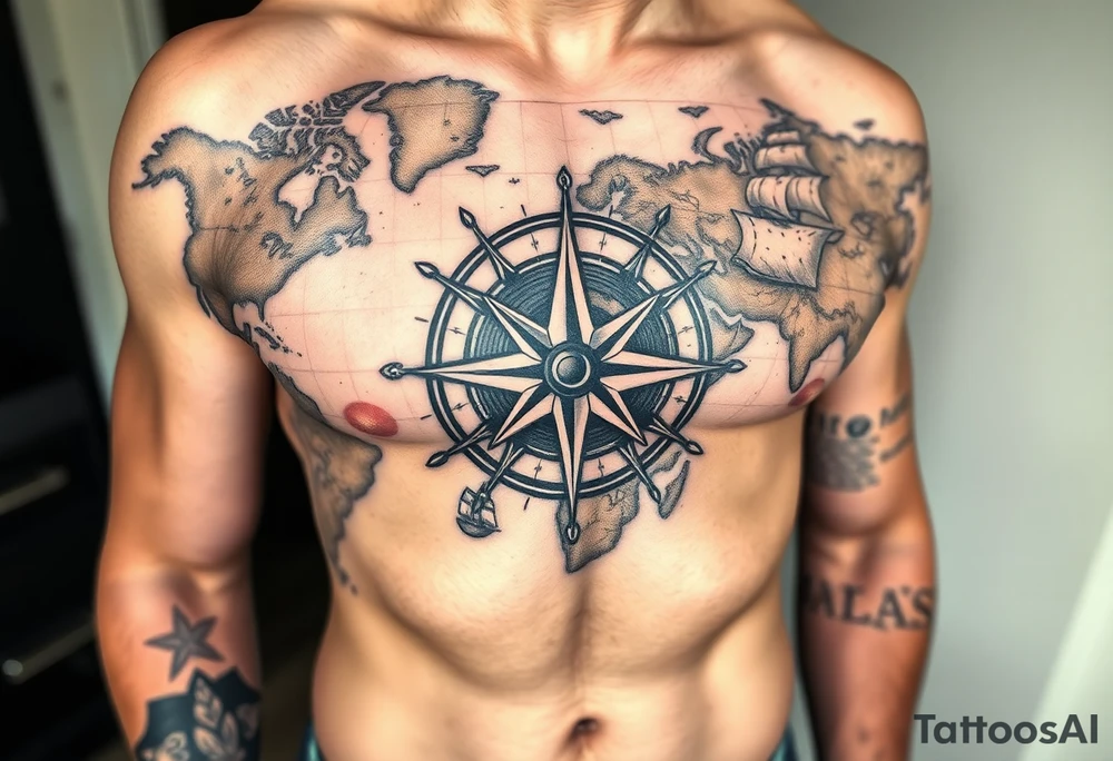antique compass rose overlaid on weathered world map with sailing ships tattoo idea
