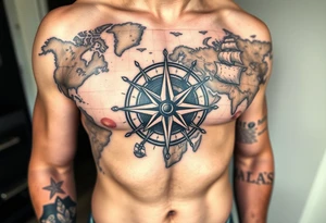 antique compass rose overlaid on weathered world map with sailing ships tattoo idea
