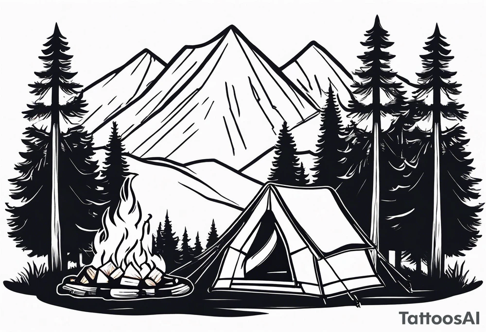 Campground with a small tent and small fire pit with smoke going into the sky. Forest of trees surrounding it with 3 large pine trees being the focus in the background. tattoo idea