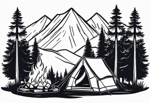 Campground with a small tent and small fire pit with smoke going into the sky. Forest of trees surrounding it with 3 large pine trees being the focus in the background. tattoo idea