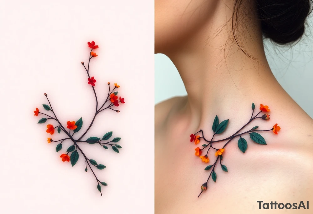 Two separate collarbone tattoos of long, stems and branches covered with red, orange, yellow and dark forest green leaves and flowers, academia, witchy, muted, delicate and gentle but moody, long and thin, following the collarbone. More muted, not so bright, darker colors. Fewer amount of leaves, larger leaves. Less flowers and leaves. tattoo idea