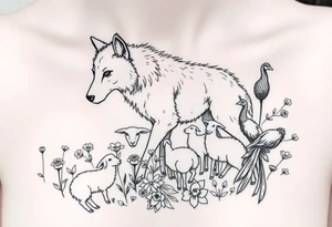 Wolf in sheep's clothing prowling around flower weeds with lambs and goats and peacocks tattoo idea