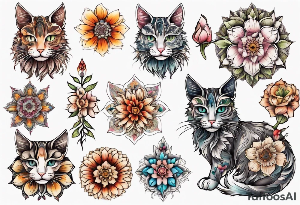 Cat colored flowers Mandala tattoo idea